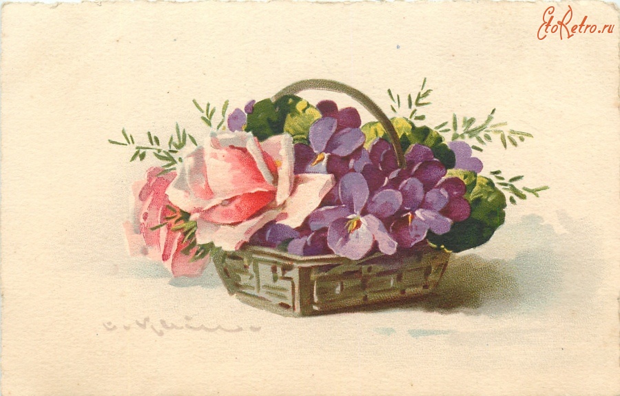 Ретро открытки - Бледные розы и фиалки в плетёной корзине