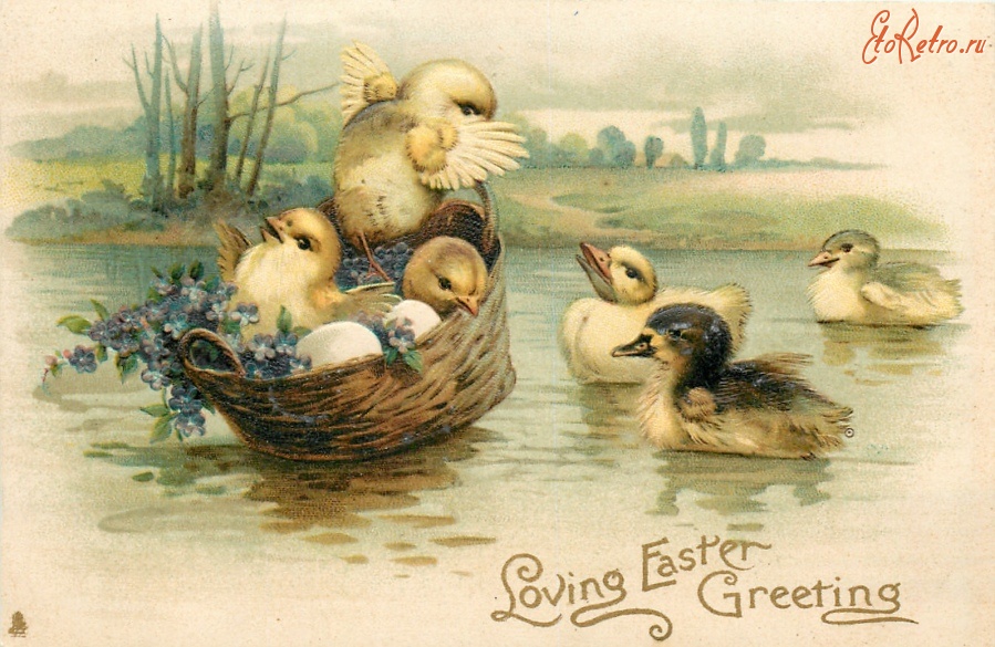 Ретро открытки - С Пасхой. Цыплята в корзине с цветами и утята на реке
