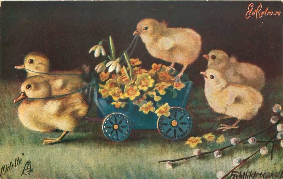 Ретро открытки - Цыплята ,  утята и повозка с весенними цветами