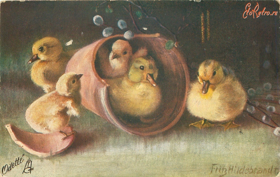 Ретро открытки - Цыплята и утята в старом цветочном горшке