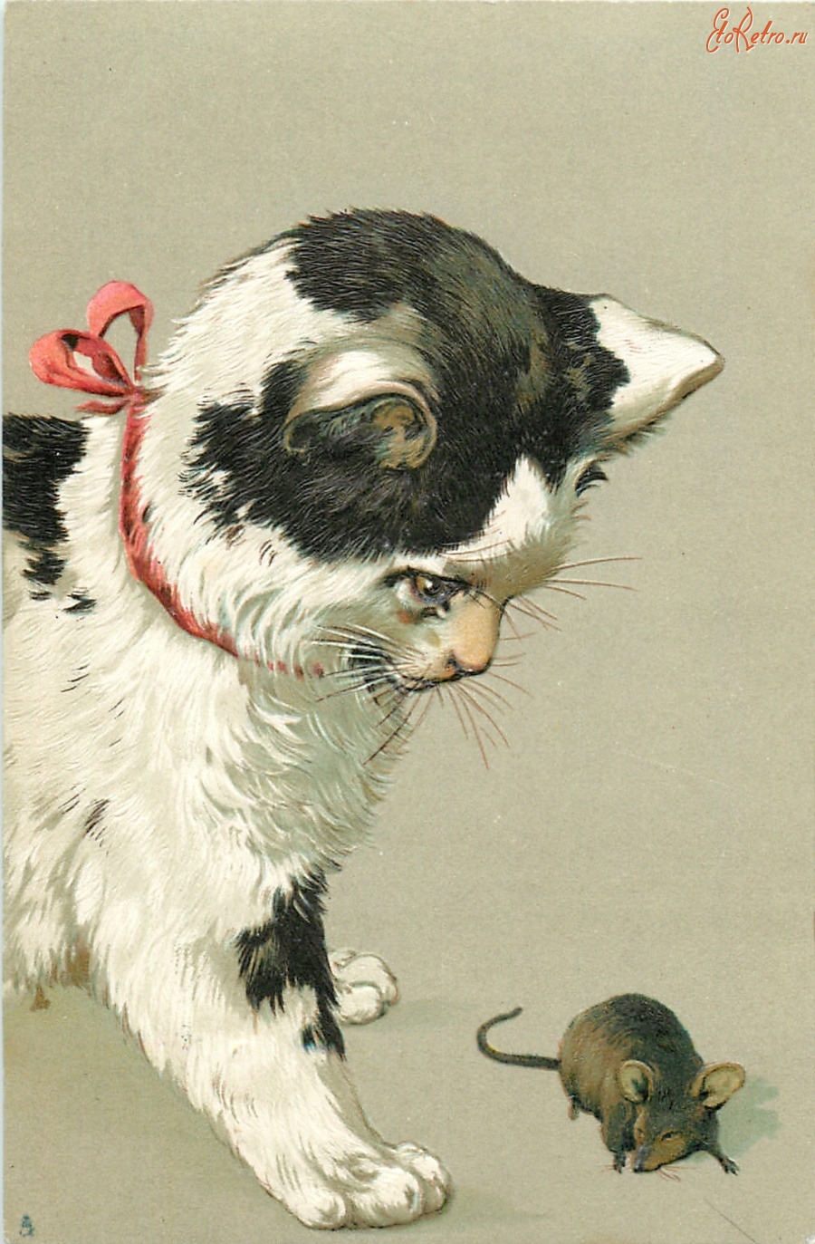 Ретро открытки - Котёнок наблюдает за мышкой