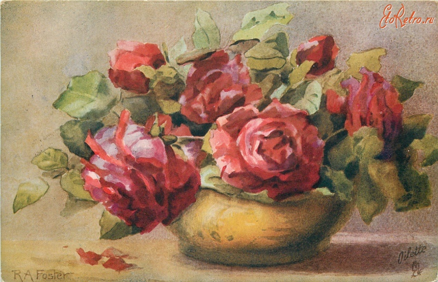 Ретро открытки - Букет красных роз в низкой жёлтой вазе