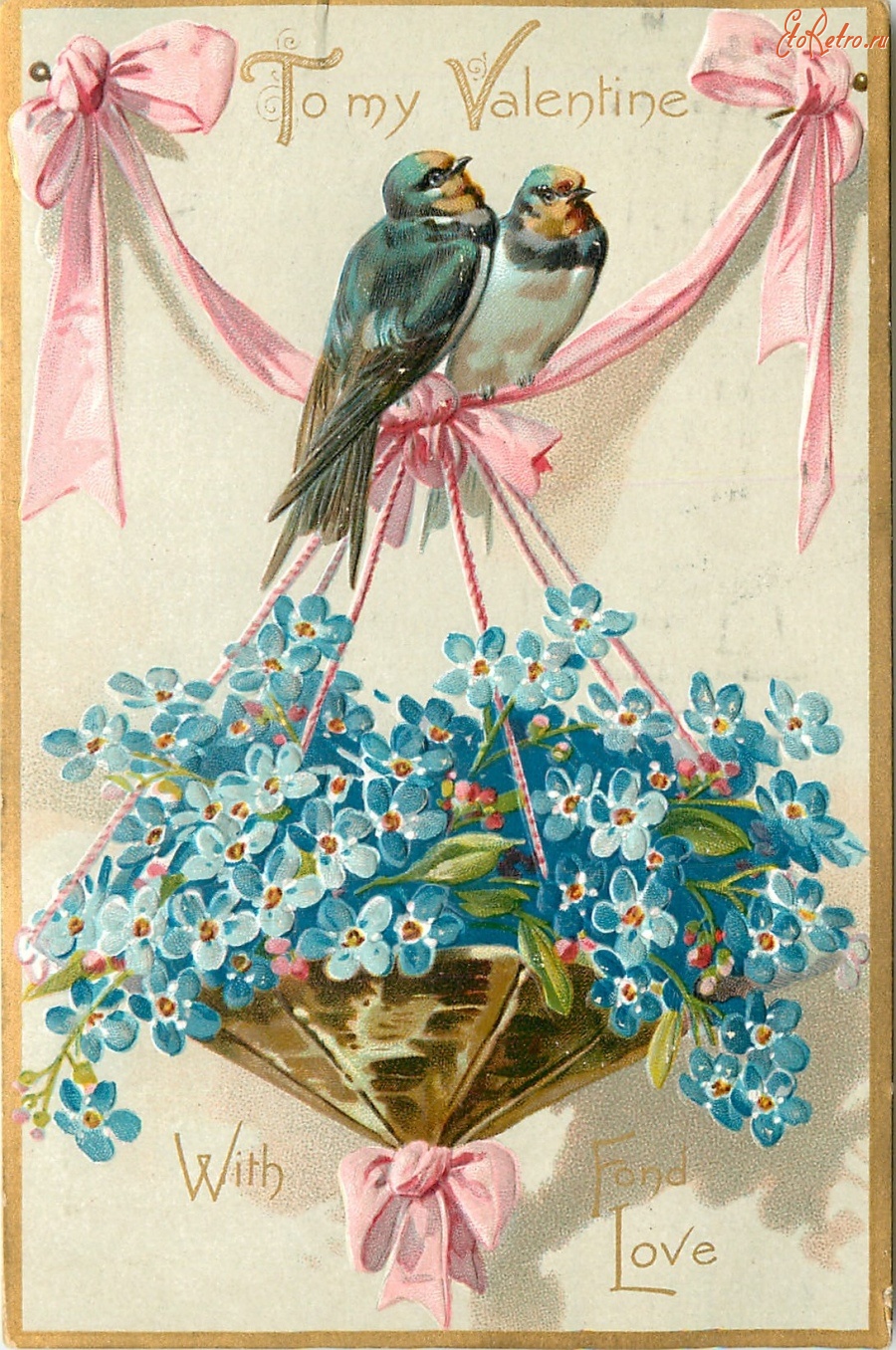 Старинная открытка с цветами и птицами