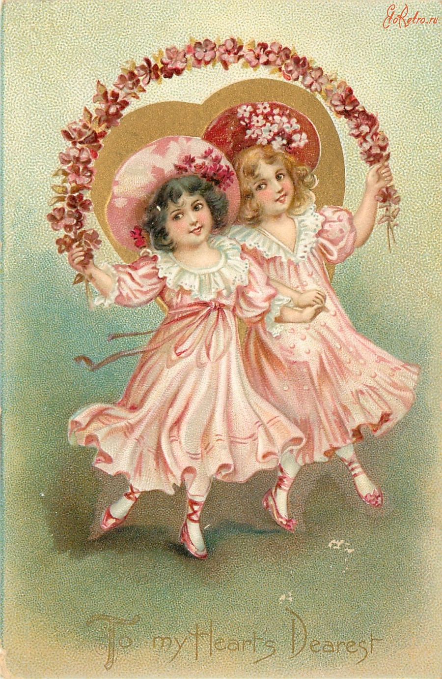 Ретро открытки - С любовью. Девочки в розовых платьях и цветочные гирлянды