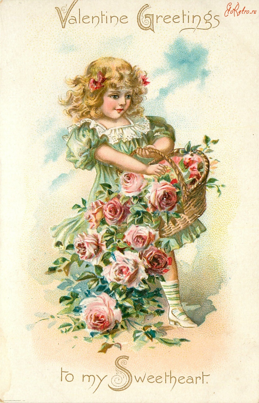 Ретро открытки - Валентинка. Девочка в зелёном платье с корзиной роз