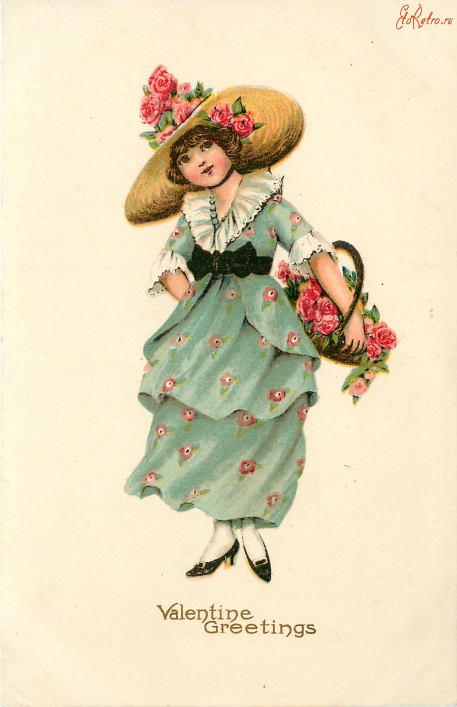 Ретро открытки - Девушка в зелёном платье и корзина роз