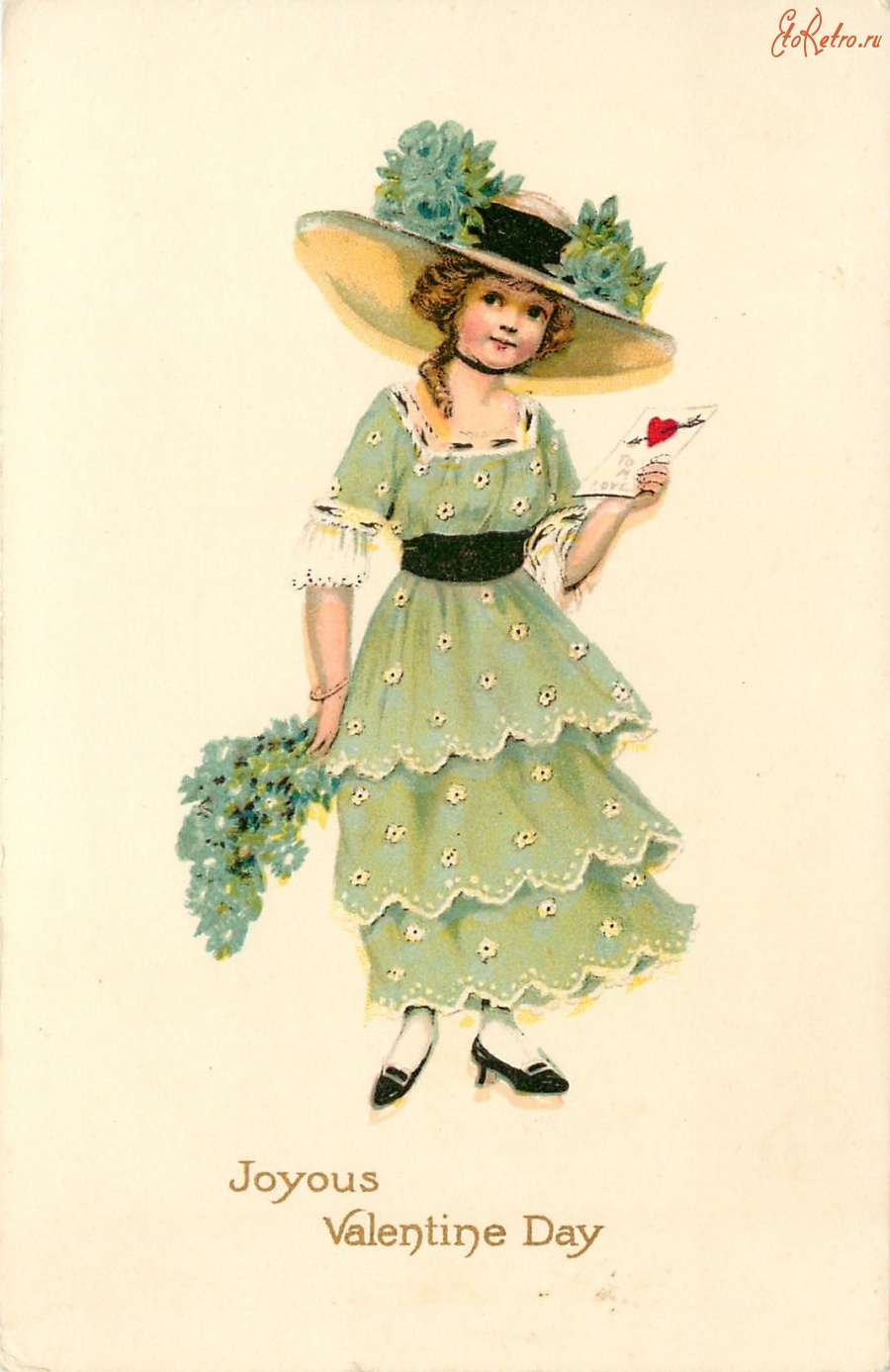 Ретро открытки - Девушка в зелёном платье и букет цветов