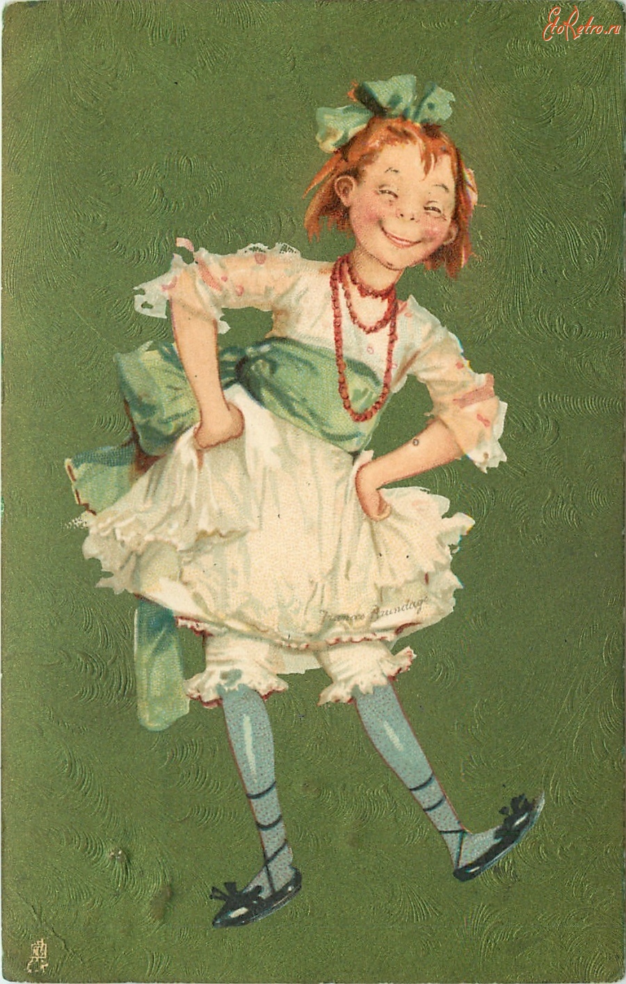 Ретро открытки - Одета по последней моде. Девочка в белом платье с зелёным бантом