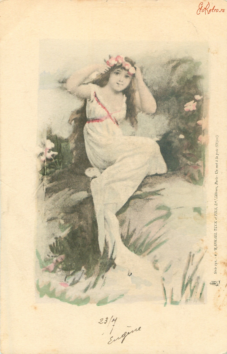 Ретро открытки - Лесные феи. Девушка в белом платье в венке из роз