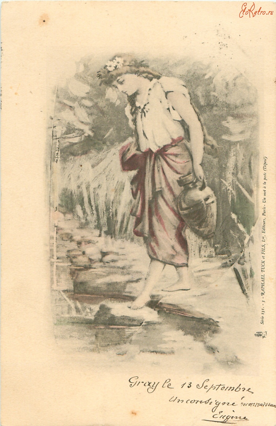 Ретро открытки - Лесные феи. Девушка с кувшином у лесного ручья