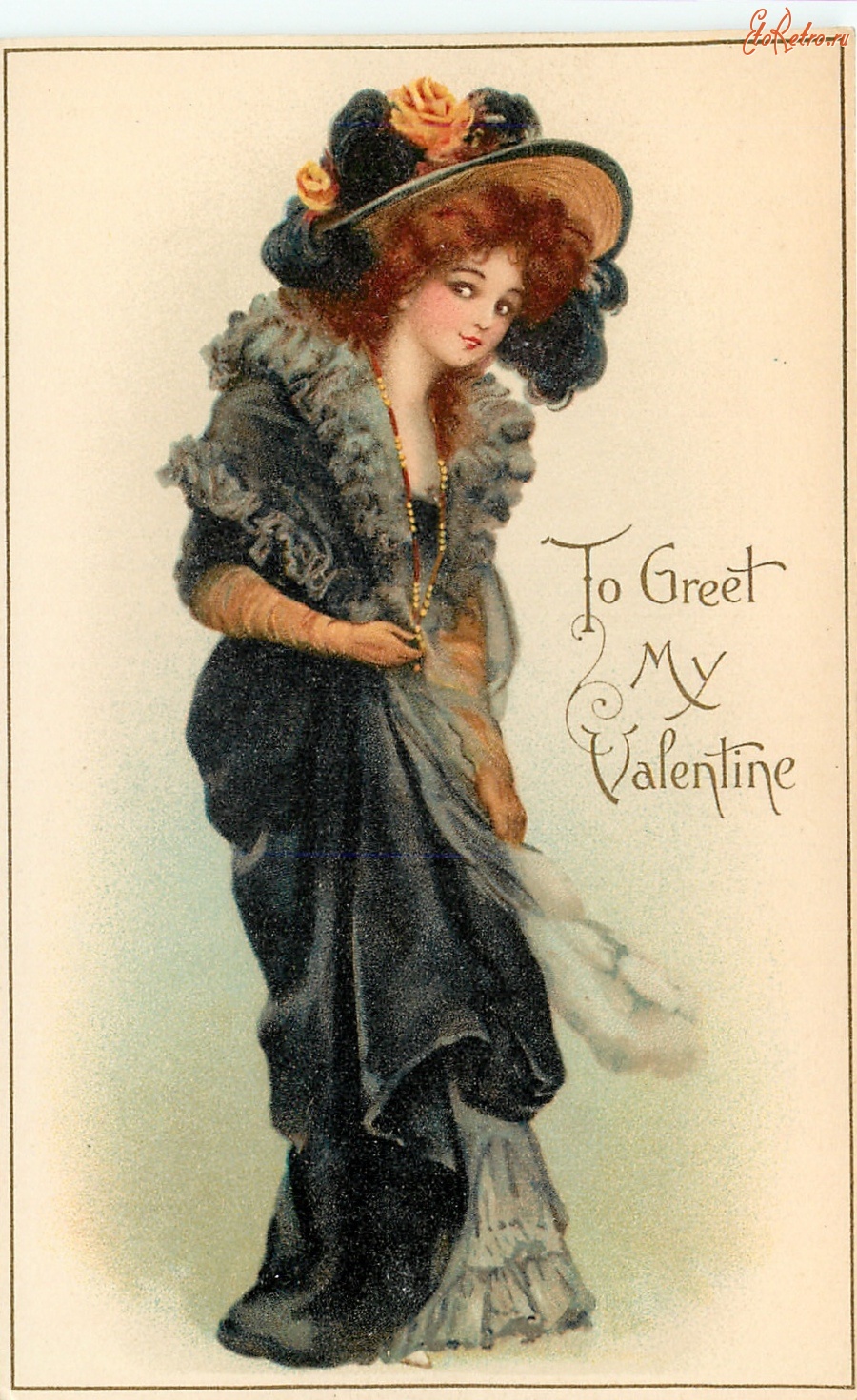 Ретро открытки - Моему Валентину. Девушка в черном платье и широкополой шляпе
