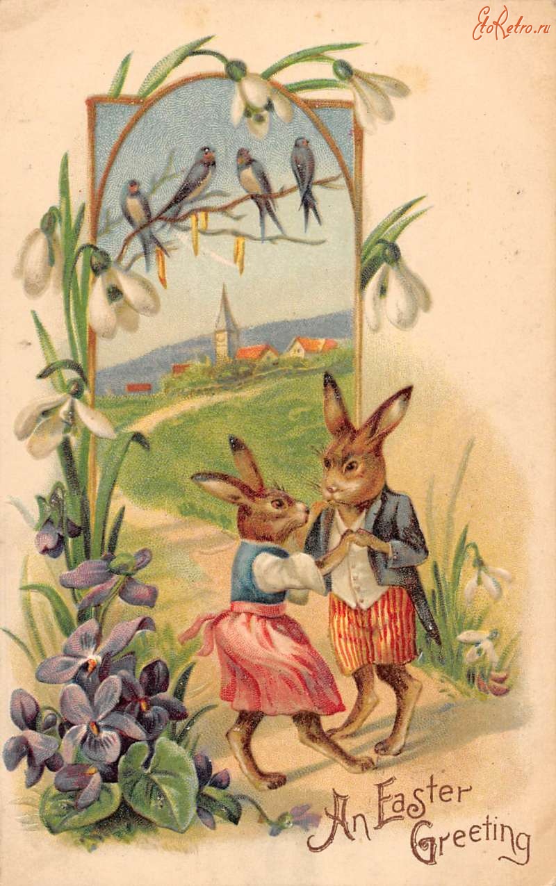 Ретро открытки - Счастливой Пасхи. Кролики в нарядных костюмах и цветы