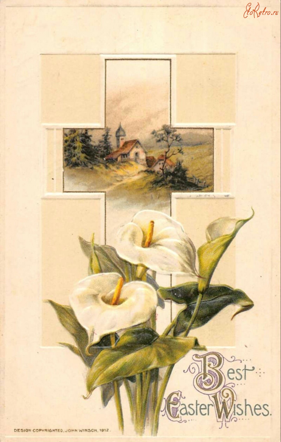 Ретро открытки - Пасхальные поздравления. Белые каллы, крест и сельская церковь