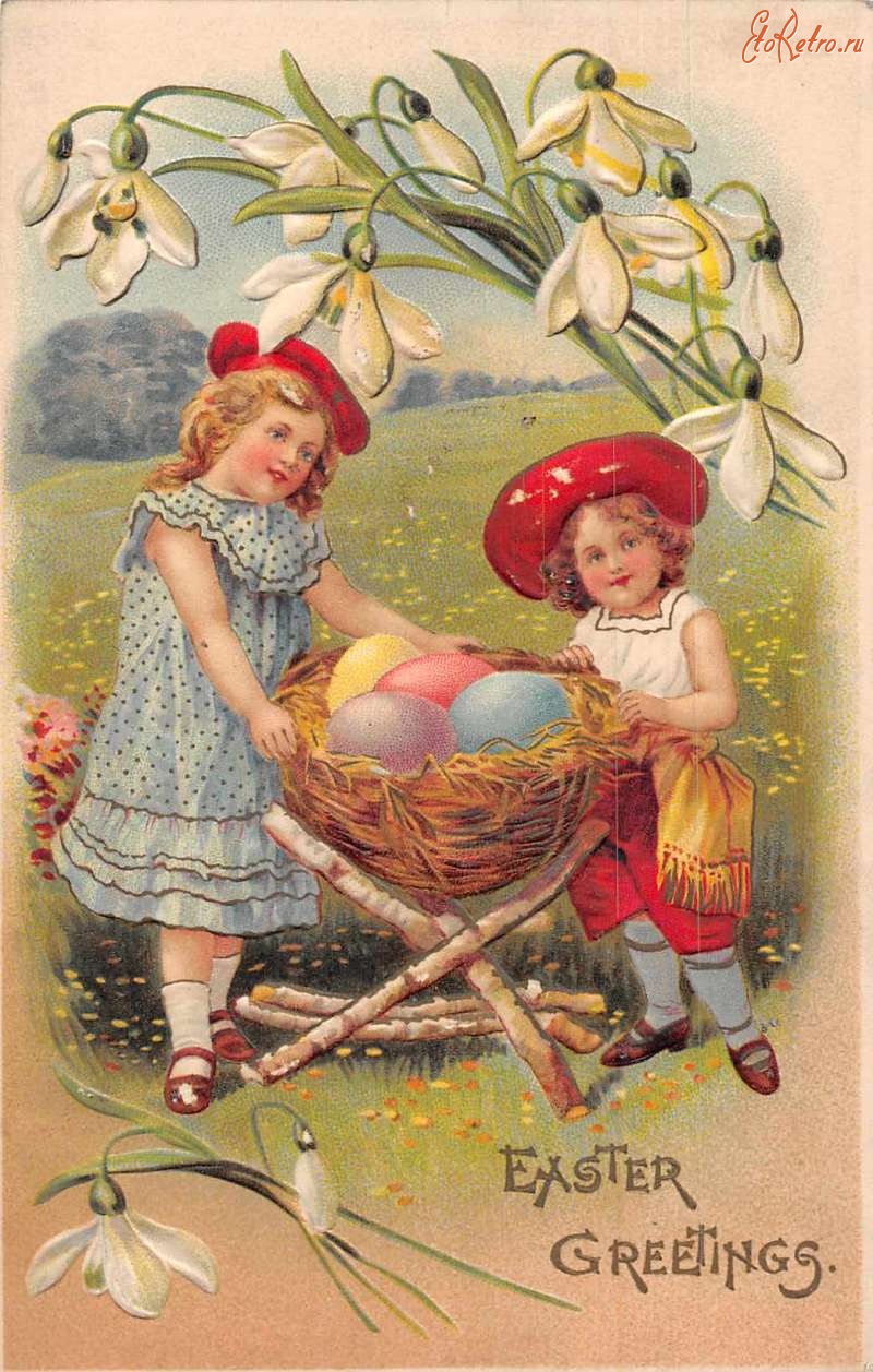 Ретро открытки - Пасхальные поздравления. Дети и корзина пасхальных яиц