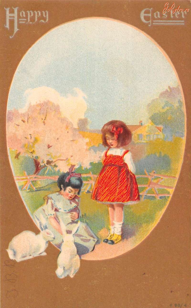 Ретро открытки - Счастливой Пасхи. Девочки, весенний пейзаж и кролики