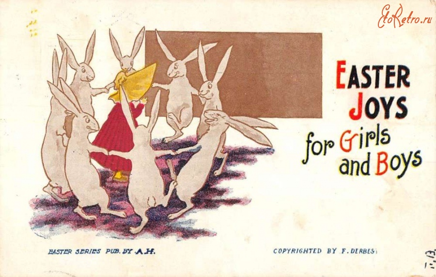 Ретро открытки - Счастливой Пасхи. Танцующие кролики и девочка