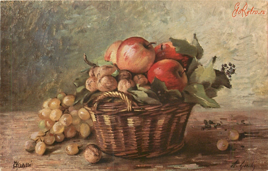 Ретро открытки - А. Гизлер. Виноград, яблоки и орехи в плетёной корзине