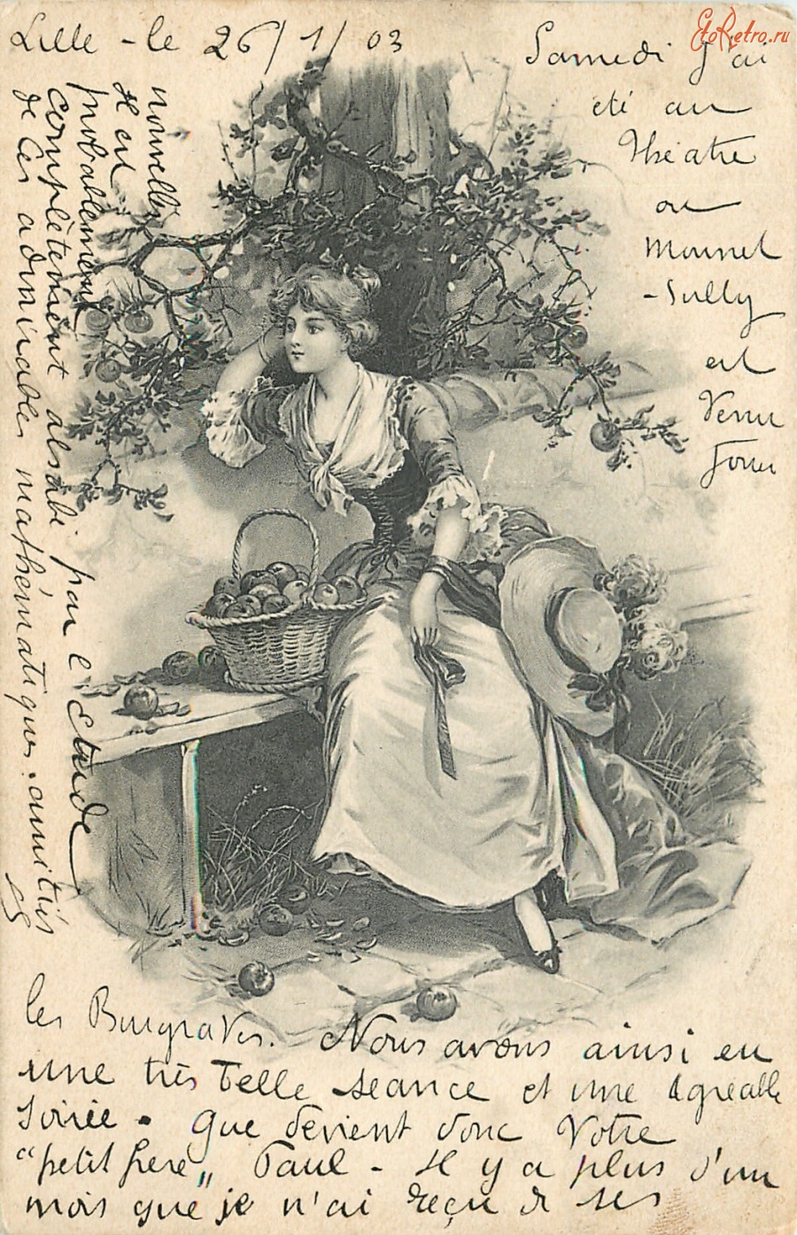 Ретро открытки - Женщина на скамейке с корзиной яблок
