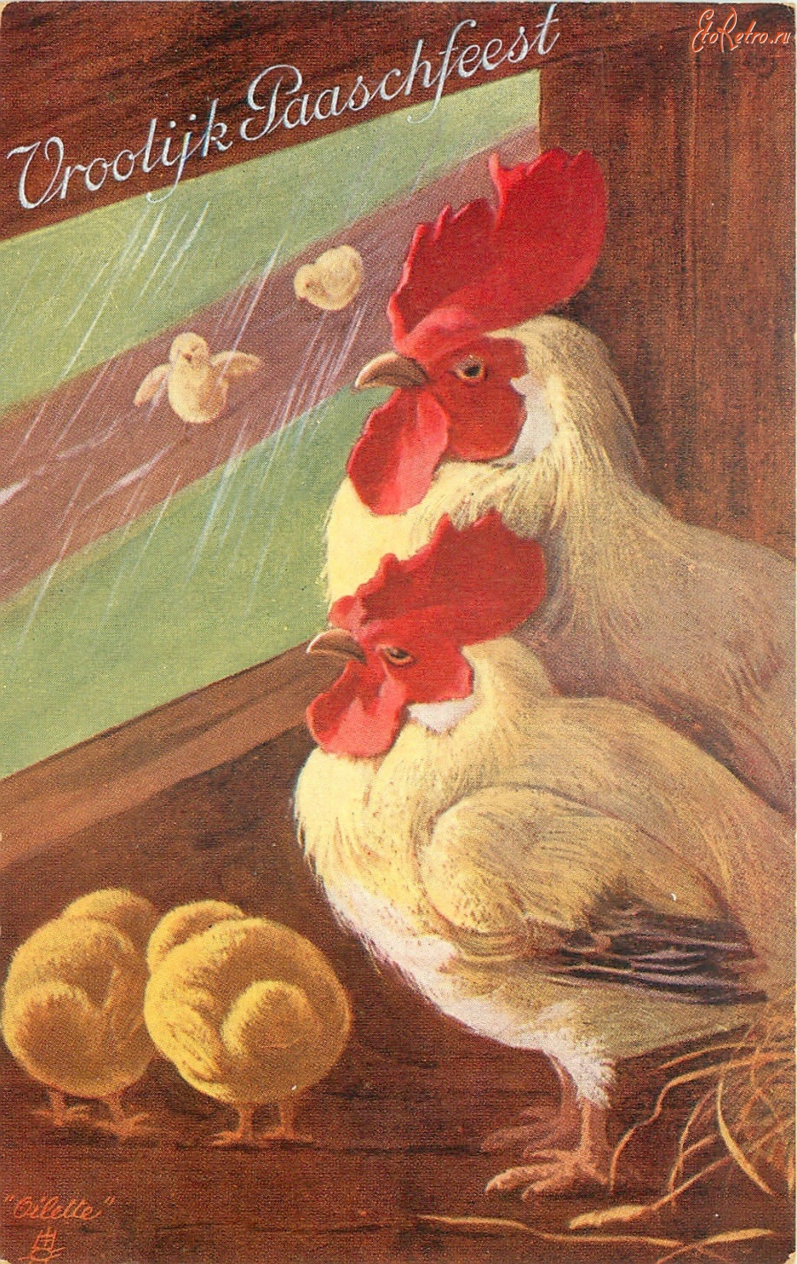 Ретро открытки - Куры в курятнике и цыплята под дождём