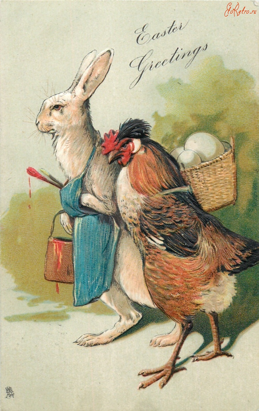 Ретро открытки - Пасхальные фантазии. Кролик, курица и корзина яиц