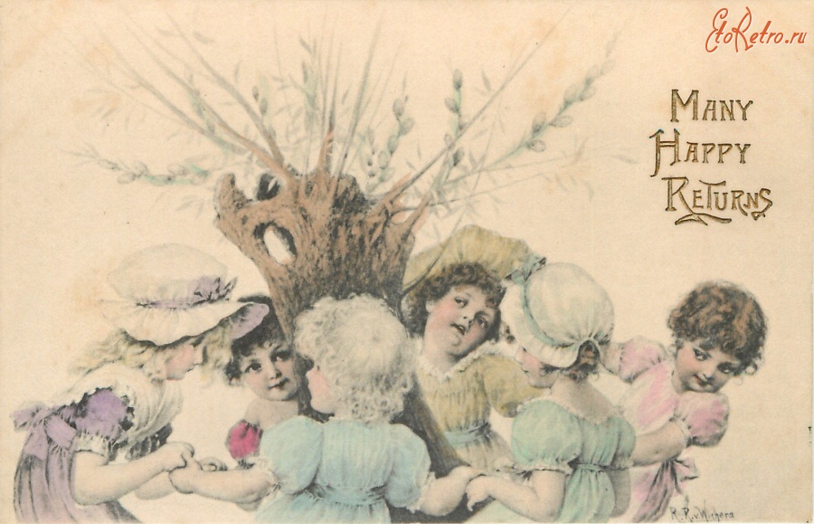 Ретро открытки - Дети и хоровод вокруг ивы