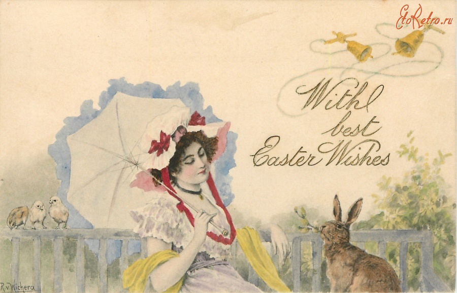 Ретро открытки - Девушка под зонтом и кролик