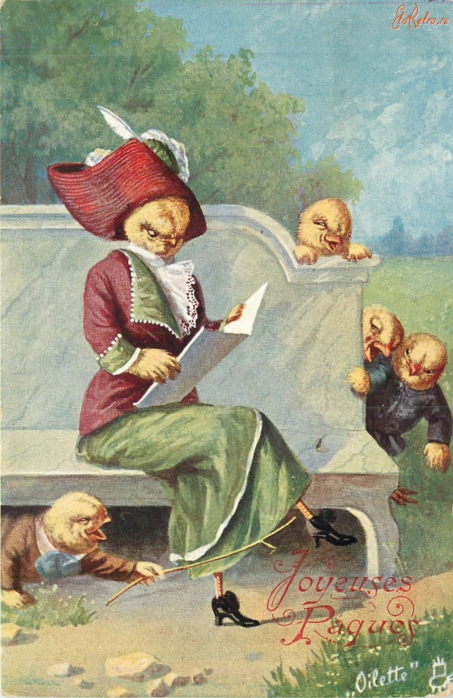 Ретро открытки - Дама в зелёном платье и злые дети