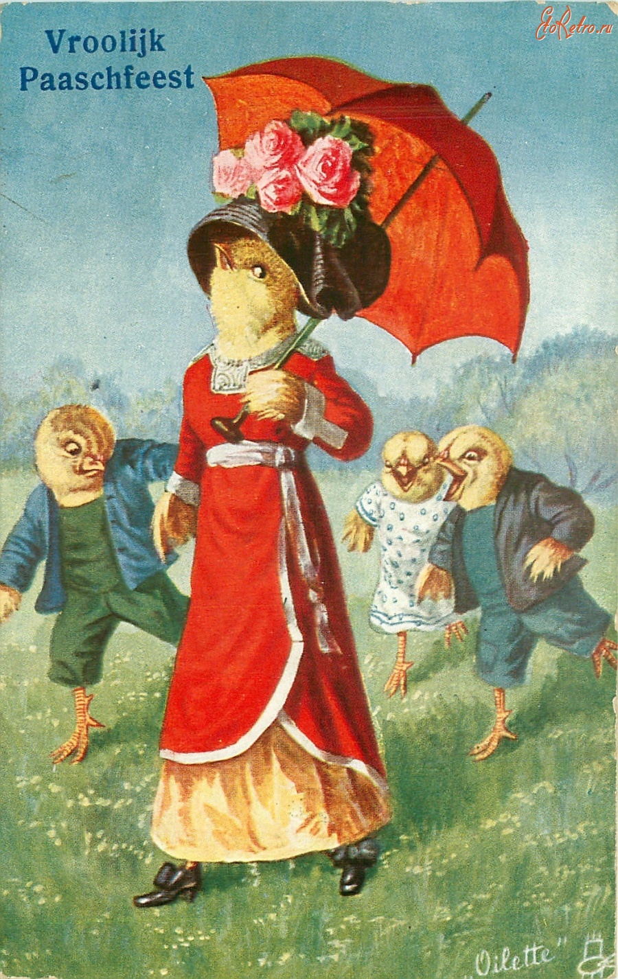 Ретро открытки - Модная дама в красном платье под зонтом и хулиганы
