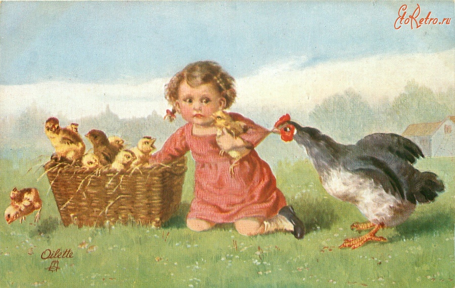 Ретро открытки - Девочка в красном платье и курица с цыплятами