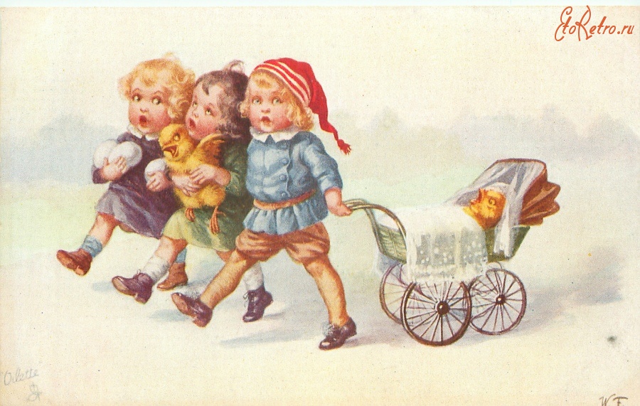Ретро открытки - Дети и цыплёнок в коляске