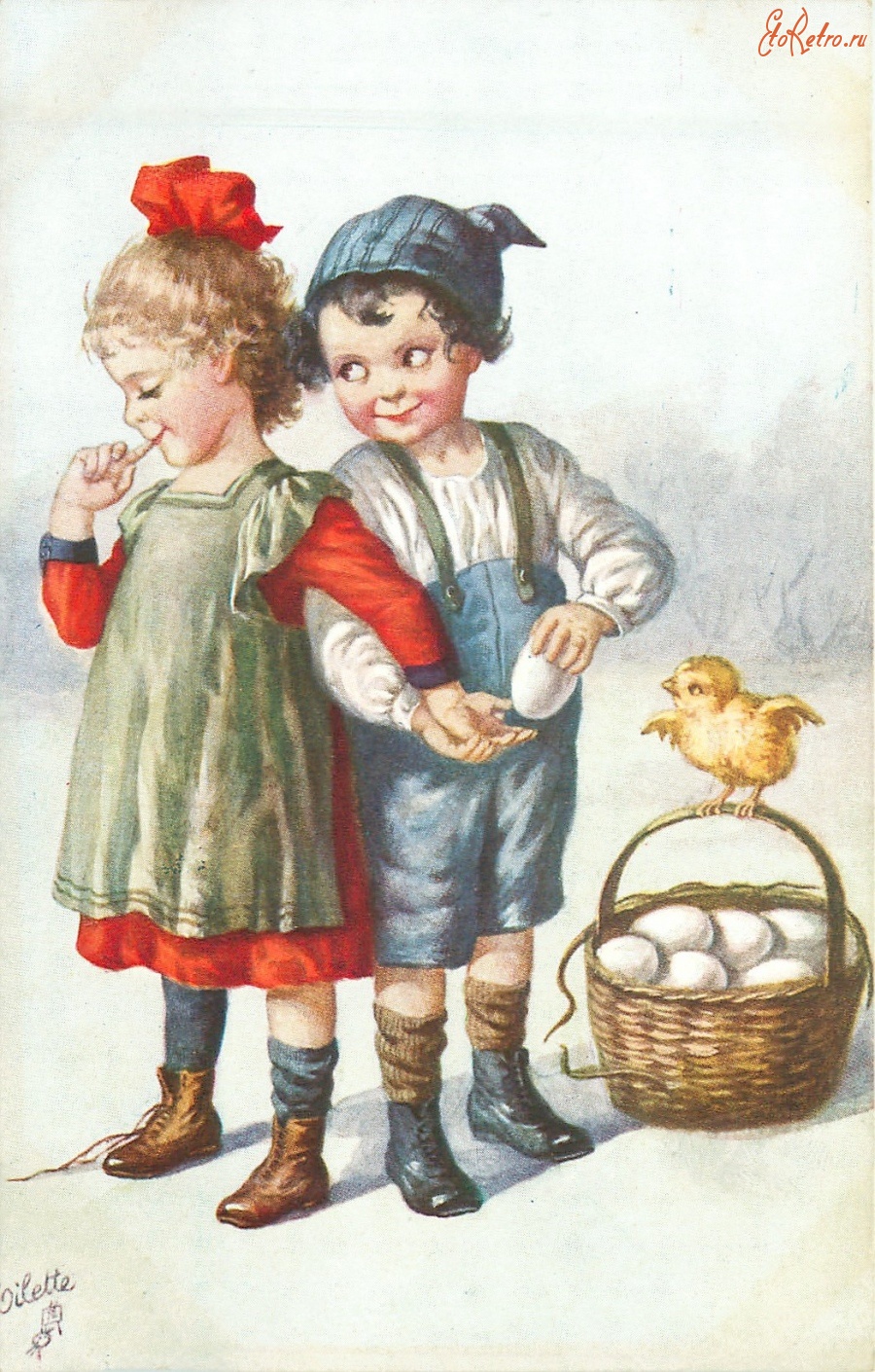 Пасхальная открытка с яйцами и цыплятами