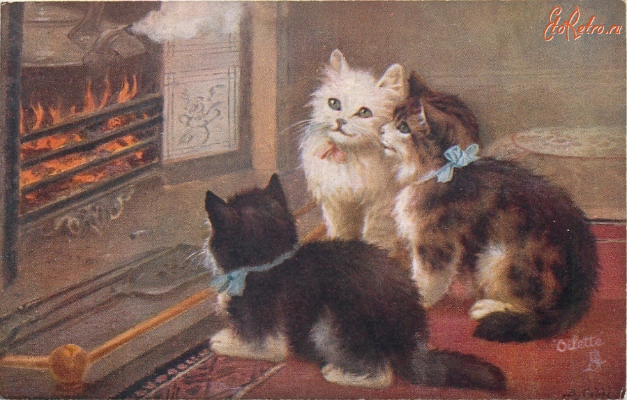 Ретро открытки - Дом, милый дом. Три котёнка перед камином