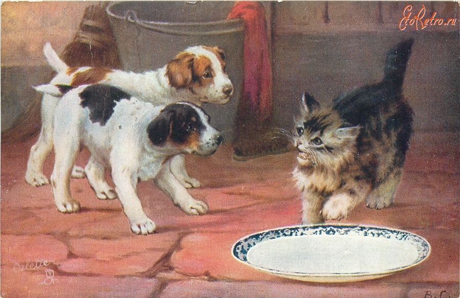 Ретро открытки - Непрошеные гости. Щенки, котёнок и миска молока