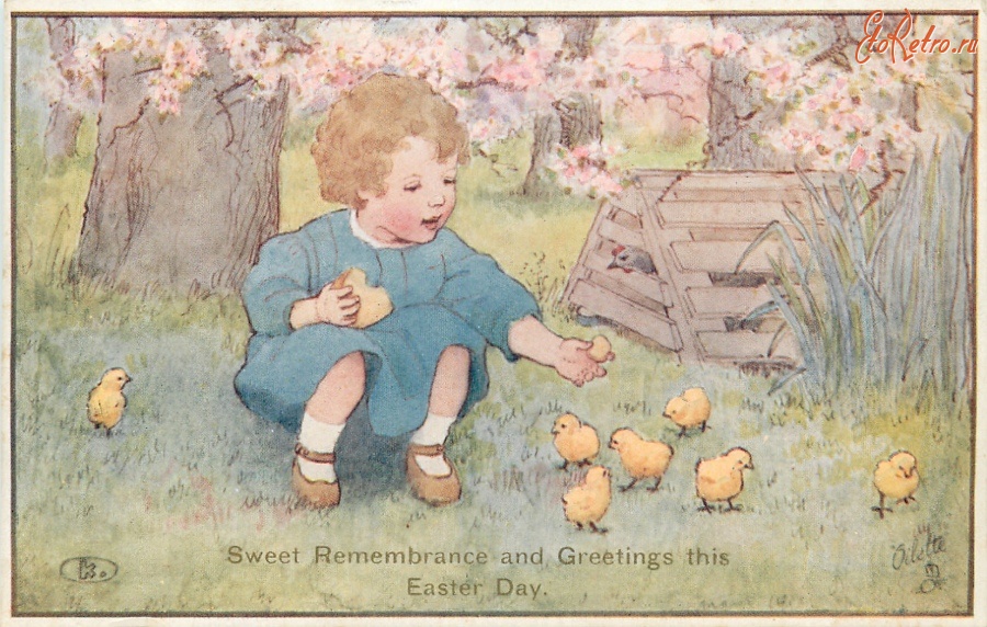 Ретро открытки - Девочка в голубом платье, цыплята и цветущее дерево