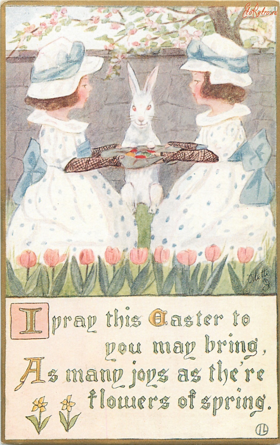 Ретро открытки - Девочки в саду, кролик, цветы и пасхальная корзина
