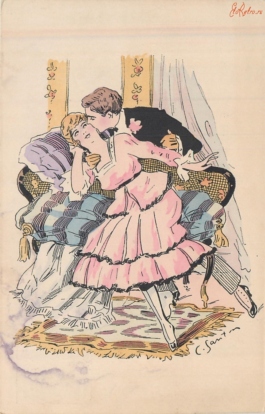 Ретро открытки - Женщина в розовом платье и романтический поцелуй