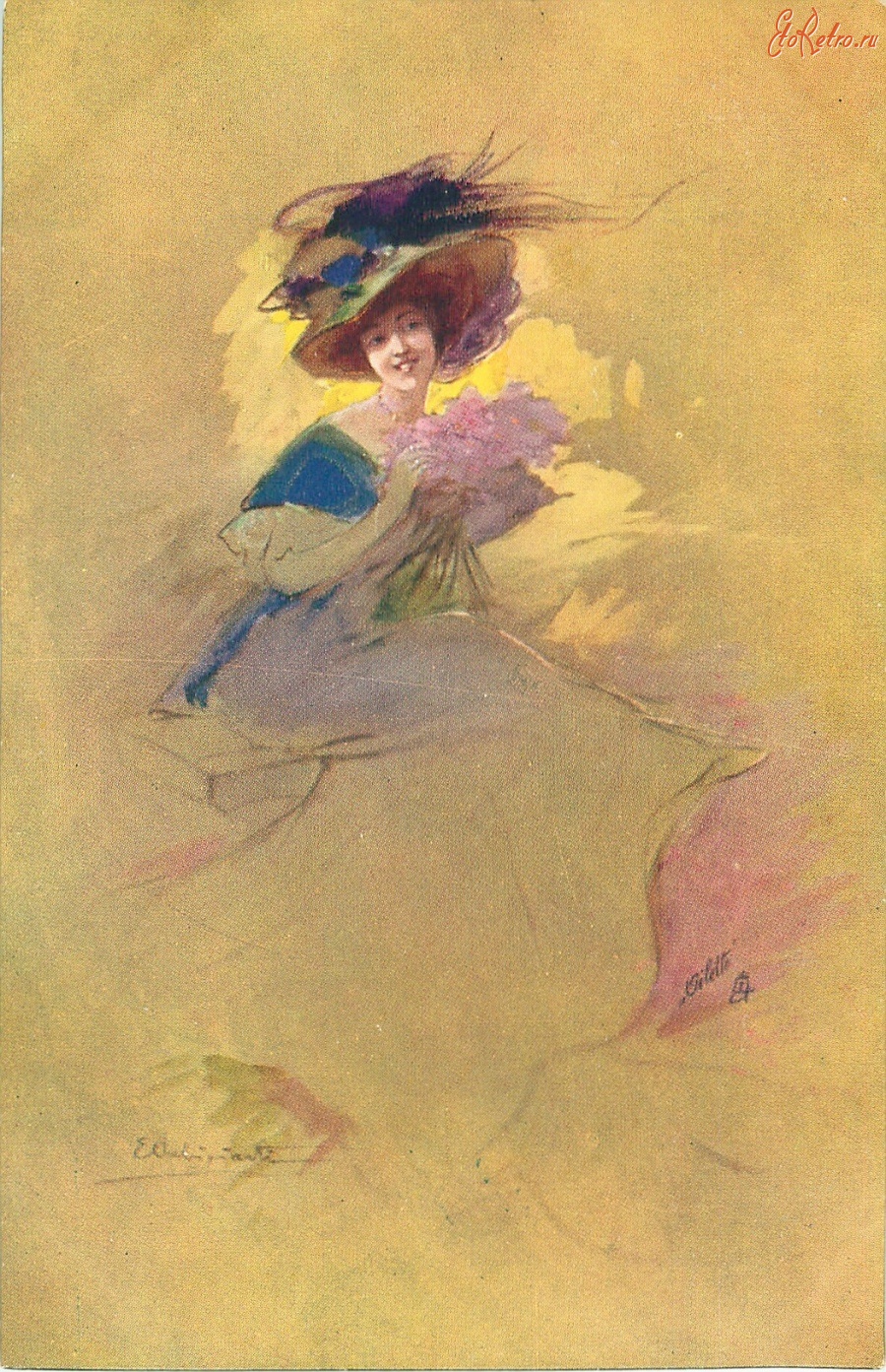 Ретро открытки - Элегантная женщина в шляпе с перьями и букетом цветов