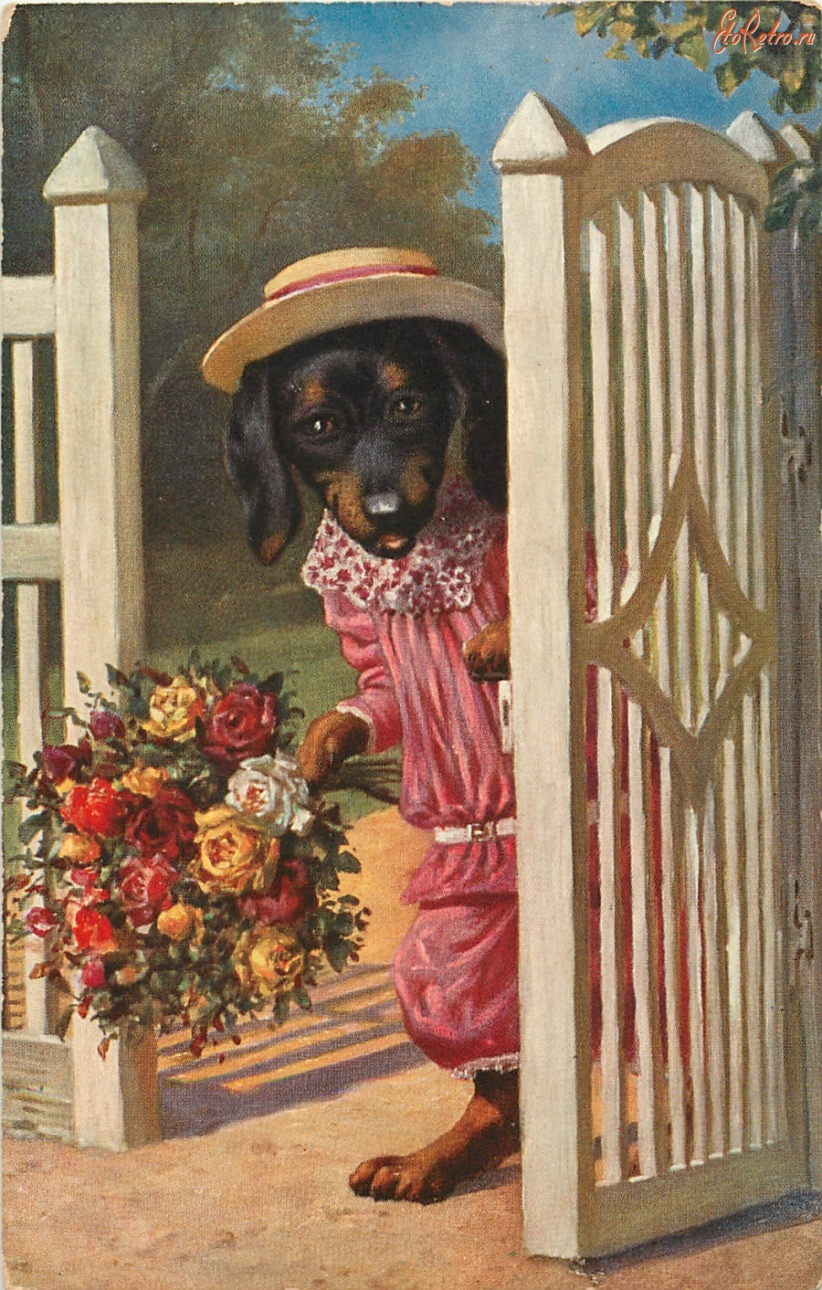 Ретро открытки - Дама в розовом платье и букетом роз