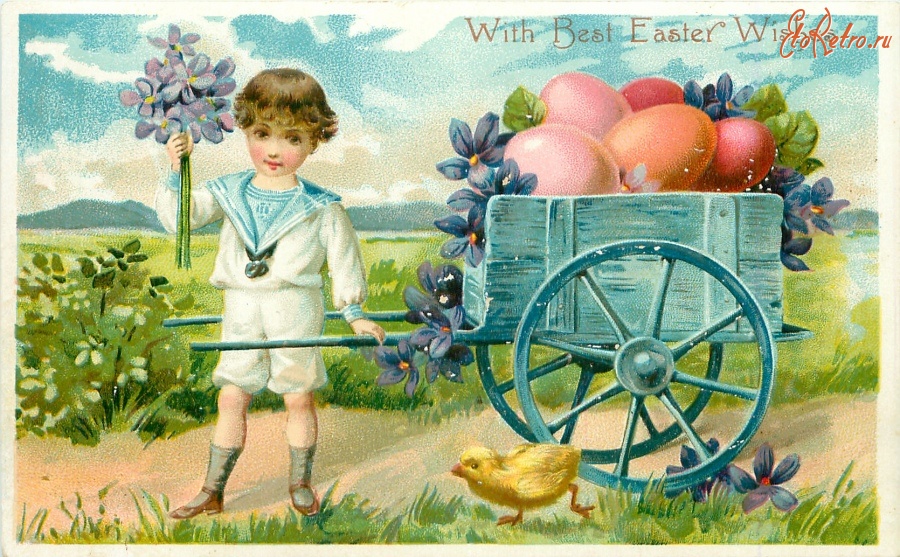 Ретро открытки - Мальчик в матросском костюме и пасхальная корзина