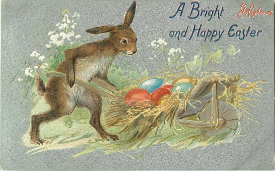 Ретро открытки - Счастливой Пасхи. Кролик с пасхальной тележкой