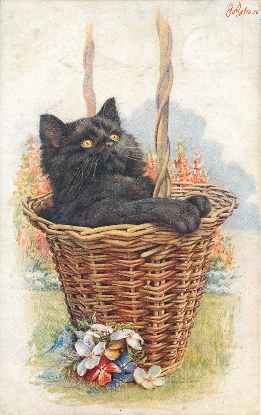 Ретро открытки - Черный котёнок в корзине и цветущий сад