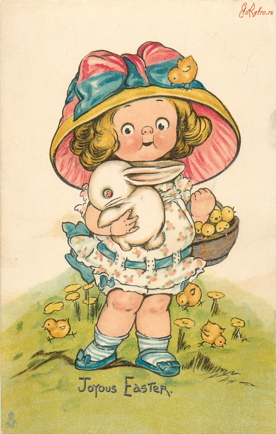 Ретро открытки - Пасхальные поздравления. Девочка с корзиной цыплят и кролик