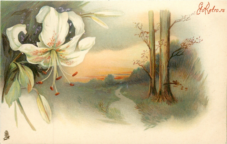 Ретро открытки - Пасхальная лилия и дорога в лесу на закате