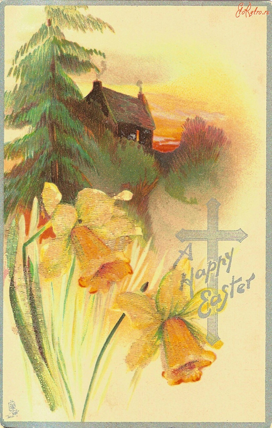 Ретро открытки - Жёлтые нарциссы и сельский дом на закате