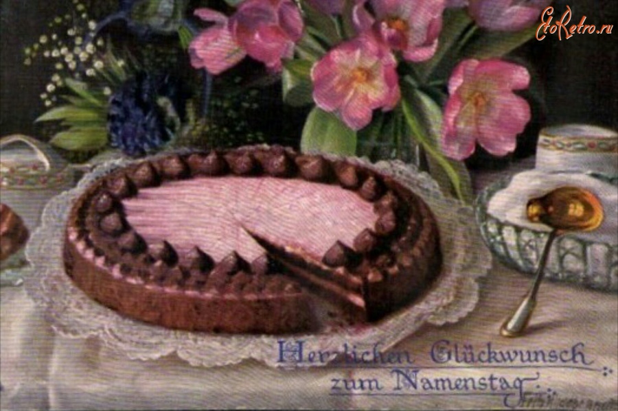 Ретро открытки - Фриц Хильдебранд. Натюрморт Шоколадный торт на кружевной салфетке