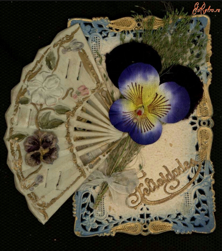 Ретро открытки - Фигурная открытка-веер с анютиными глазками и травами
