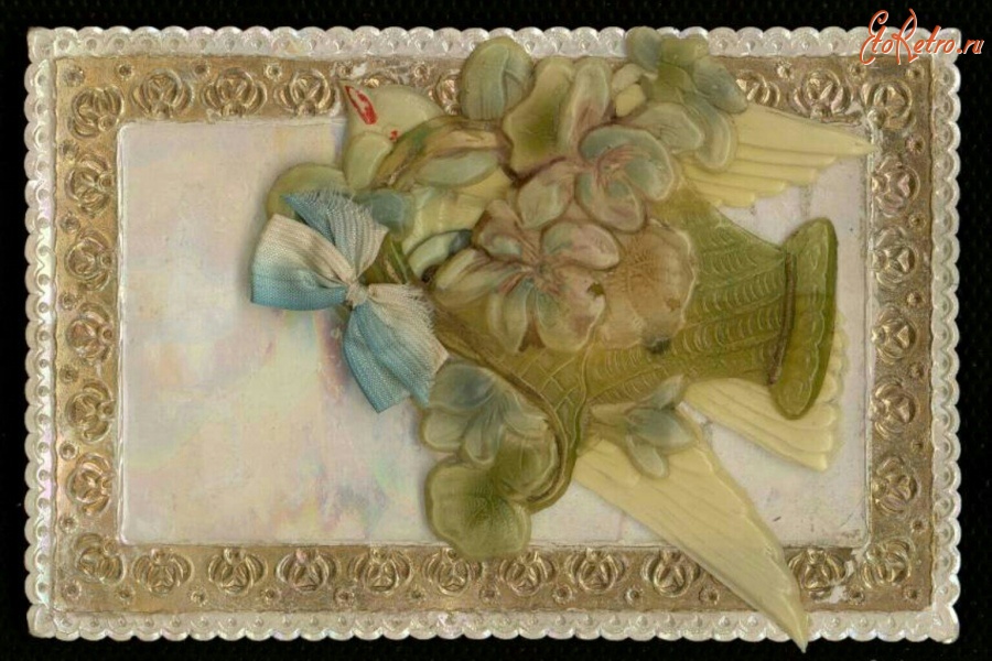 Ретро открытки - Белая голубка и корзина цветов