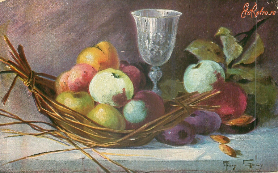 Ретро открытки - Корзина яблок, персиков и слив на столе