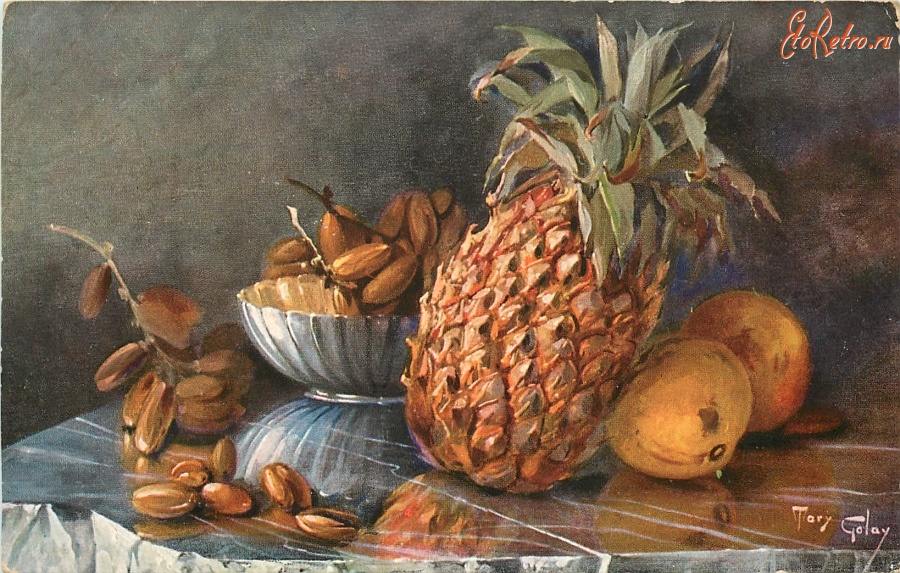 Ретро открытки - Ананас, персики и финики в серебряной вазе