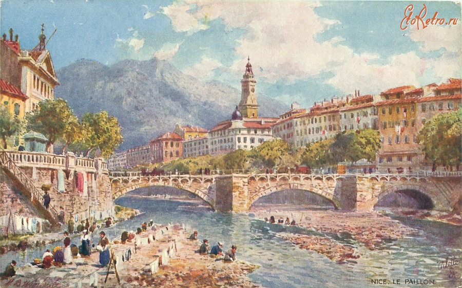 Ретро открытки - Прачки на реке Пайон в Ницце